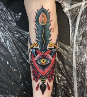 Red heart and eye tattoo on arm