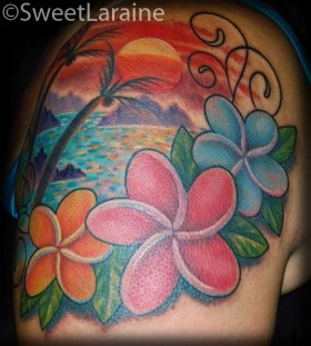 Red, pink, blue hawaiian style tattoo