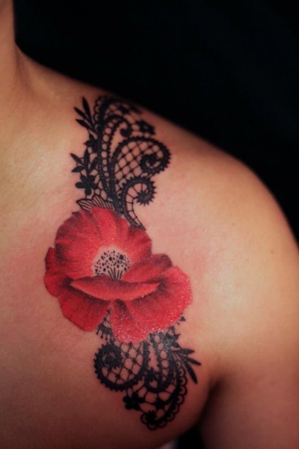 Red poppy and lace black shoulder tattoo