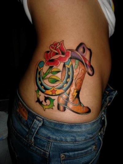 Red rose, shoes and horse shoe tattoo