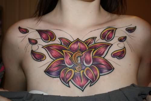 Red simpe flower tattoo on chest