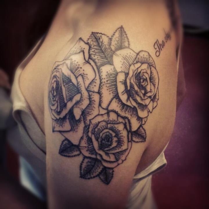 Roses and letters black shoulder tattoo