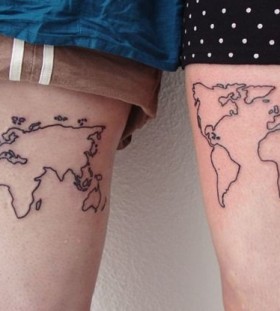 Simmiliar world maps tattoo on legs