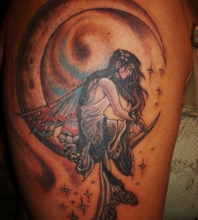 Stars and lovely moon tattoo on shoulder