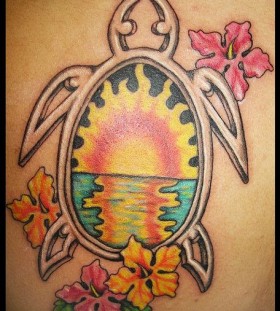 Sunset in turtle and flowers hawaiian style tattoo