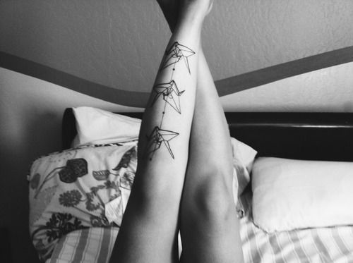 Three birds origami tattoos on leg