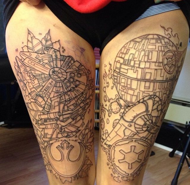 Town ornaments and star tattoo on leg