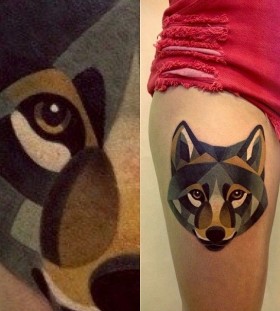 Watercolor lovely wolf tattoo on leg