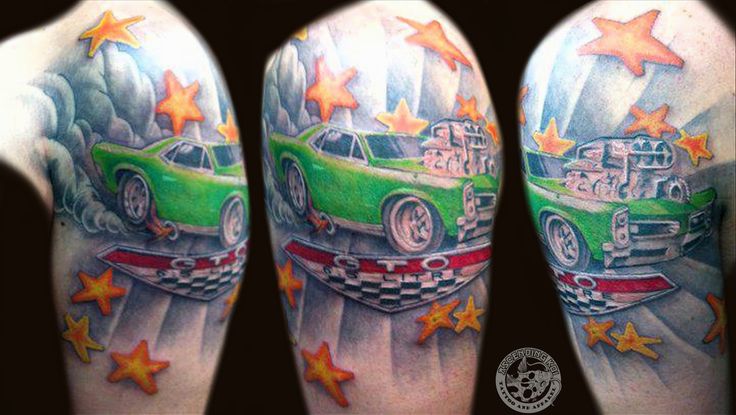 Yellow stars and green car tattoo on arm