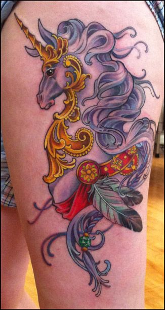 elegant unicorn tattoo on leg