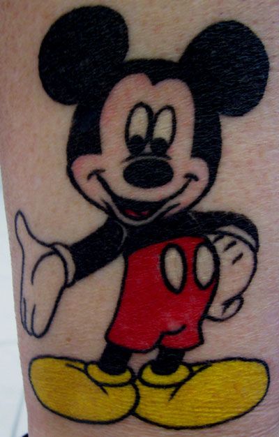 Awesome red and black Mickey Mouse tattoo on arm