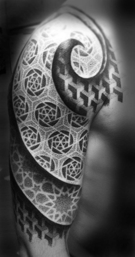 Black and white geometric shoulder, back tattoo