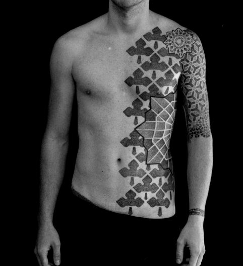 Black and white style geometric shoulder, back tattoo