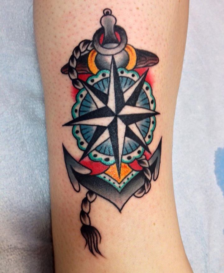 Blue lovely compass tattoo on leg