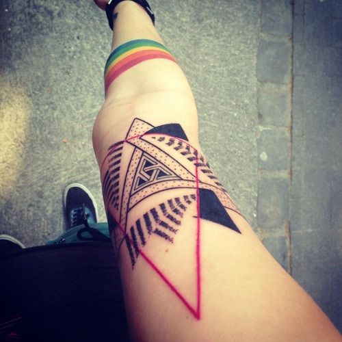 Colorful forms geometric tattoo on leg