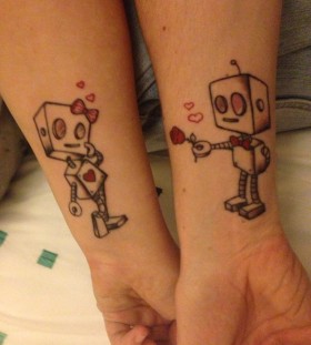 Cute red girl and boy robbot tattoo