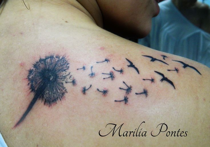 Dandelion bird tattoo by Marilia Pontes