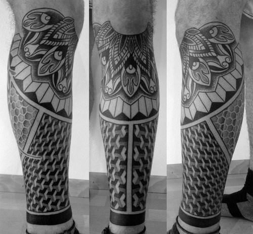 Different forms flowers geometric tattoo on leg