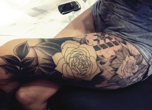 Flowers rose geometric tattoo on leg