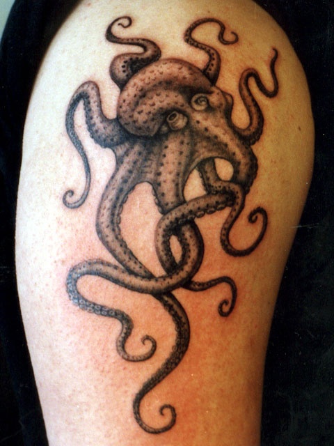 Great black octopus tattoo on leg