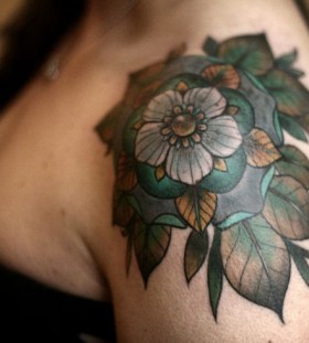 Green leafs flower geometric shoulder, back tattoo