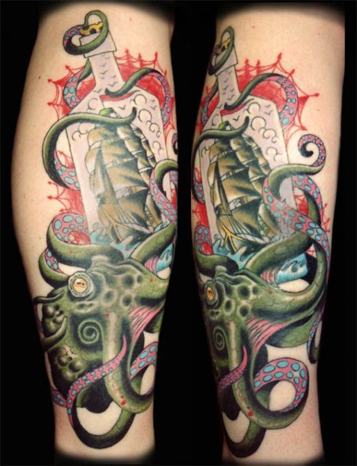 Green ship and octopus tattoo on leg