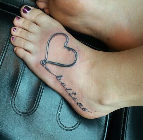 Heart and believe word fishing tattoo