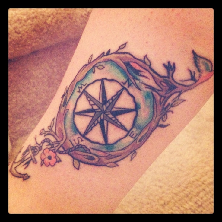 North, south, west compass tattoo on leg