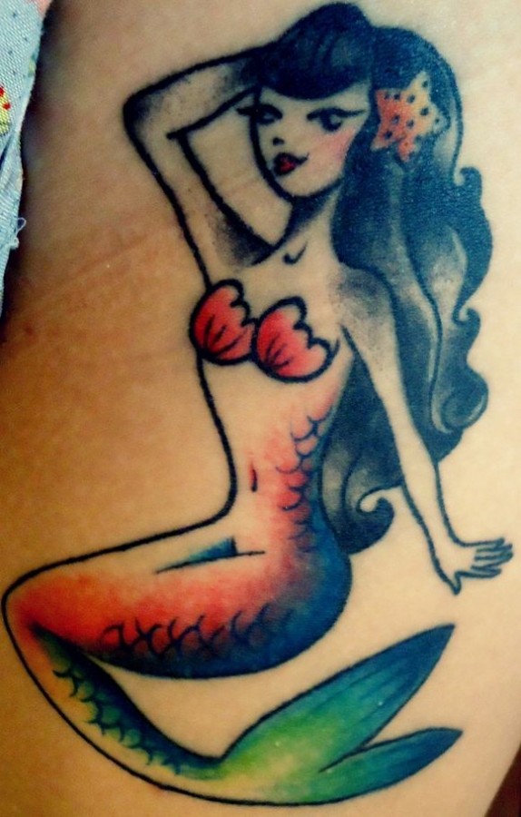 Pretty black hair girl mermaid tattoo