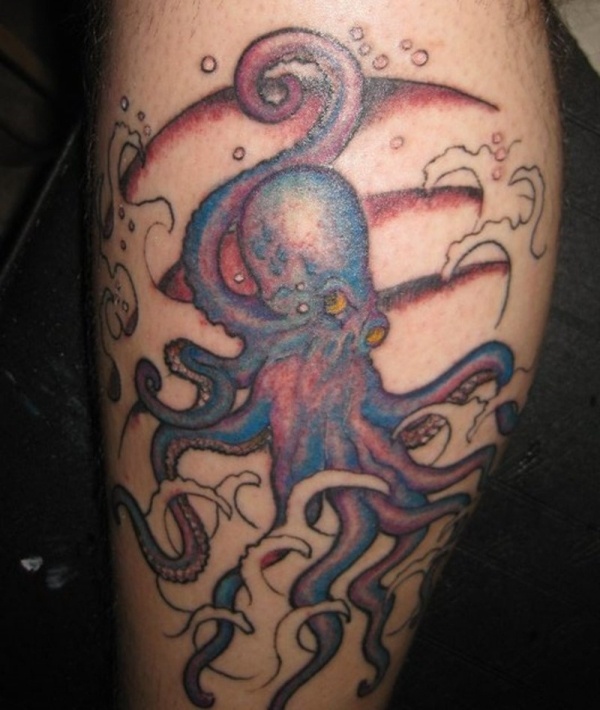 Purple and black octopus tattoo on leg