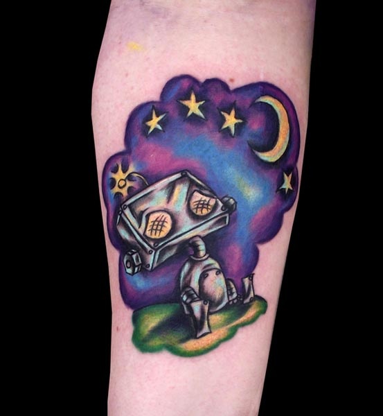 Purple stars and moon robbot tattoo