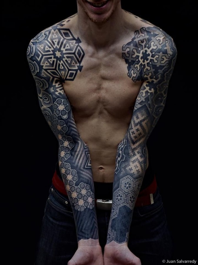 Puzzles style geometric shoulder, back tattoo