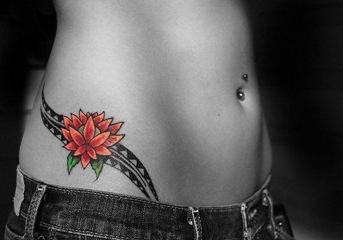 Red simple flower girl tattoo on hip