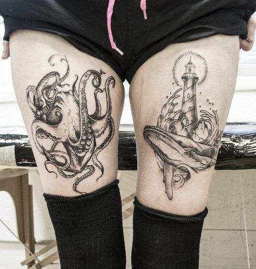 Ship, anchor black octopus tattoo on leg