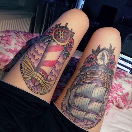Ships and lovely compass tattoo on leg