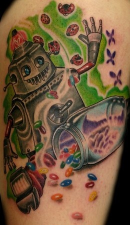 Snacks and funny robbot tattoo