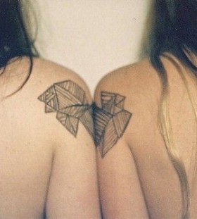 Two women's geometric shoulder, back tattoo
