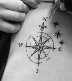 West, north, south, east stars and compass tattoo on arm