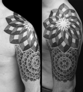 White and black flowers geometric shoulder, back tattoo
