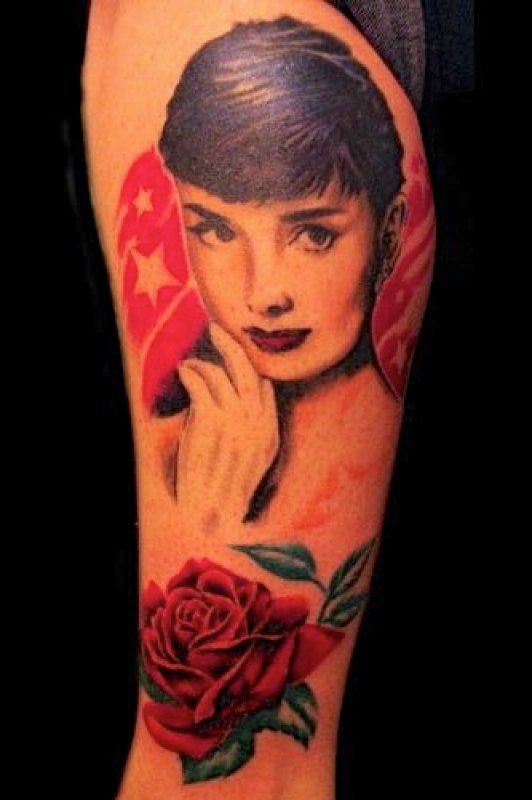 audrey with rose tattoo