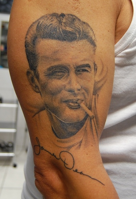 james dean with cigarette tattoo on arm