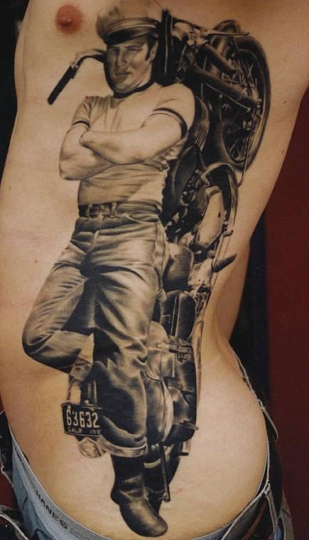 large james dean with motorbike tattoo