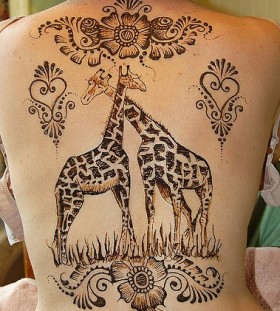 large two giraffes tattoo on back