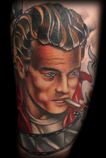 multicolored james dean with cigarette tattoo