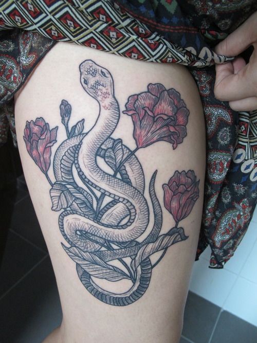 snake with roses tattoo