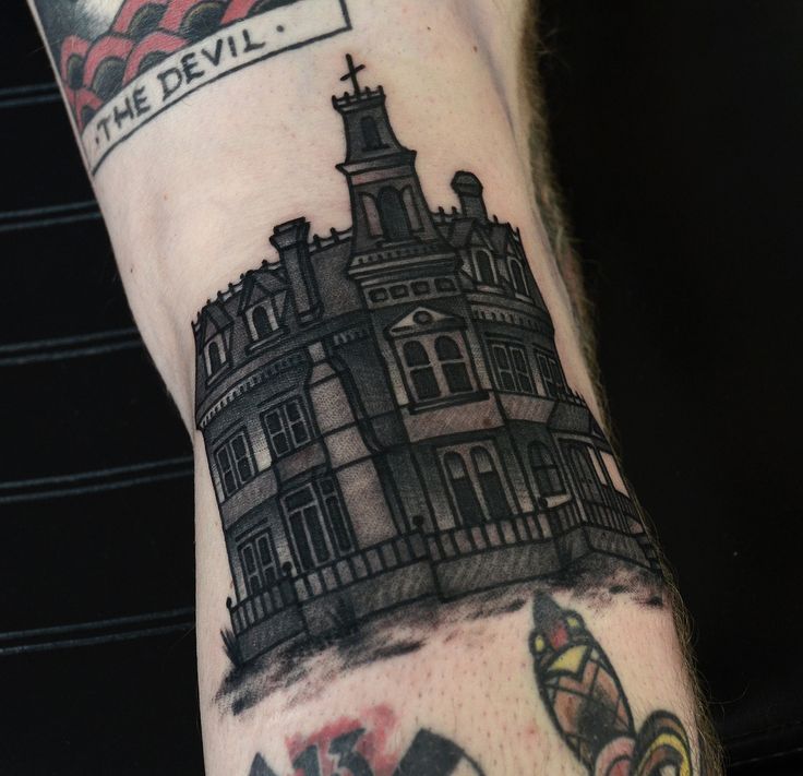 Adams family mansion tattoo by Philip Yarnell