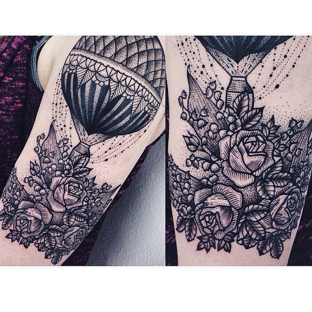 Air balloon and flowers tattoo