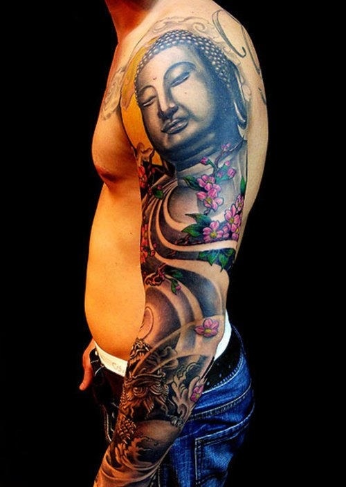 Amazing buddha full arm tattoo