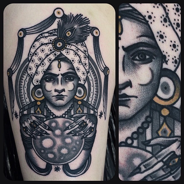 Amazing fortune-teller tattoo by Philip Yarnell