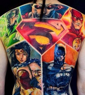Amazing marvel heroes back tattoo